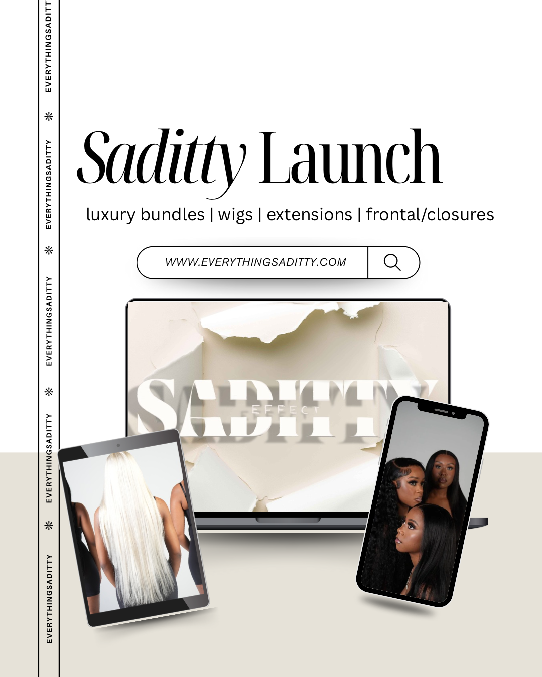 Advertisement for Saditty Launch with images of hair products and a laptop.